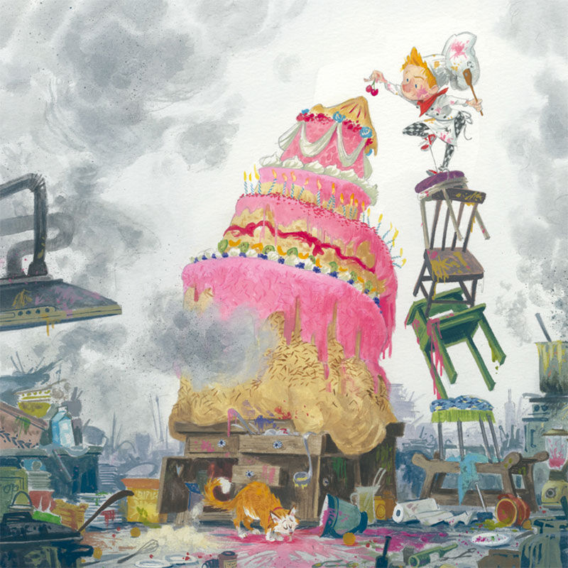 Children's book illustration of a chef decorating a giant cake.