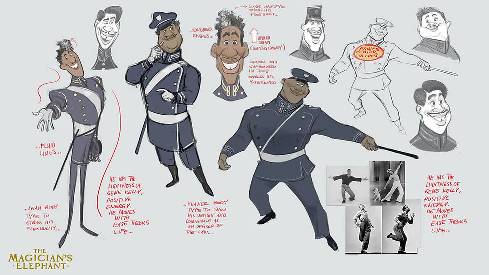Police officer character designs for the magician's elephant