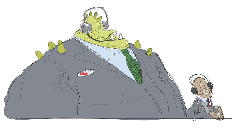 Talk show host design, one of which is a monster for the animated feature Rumble