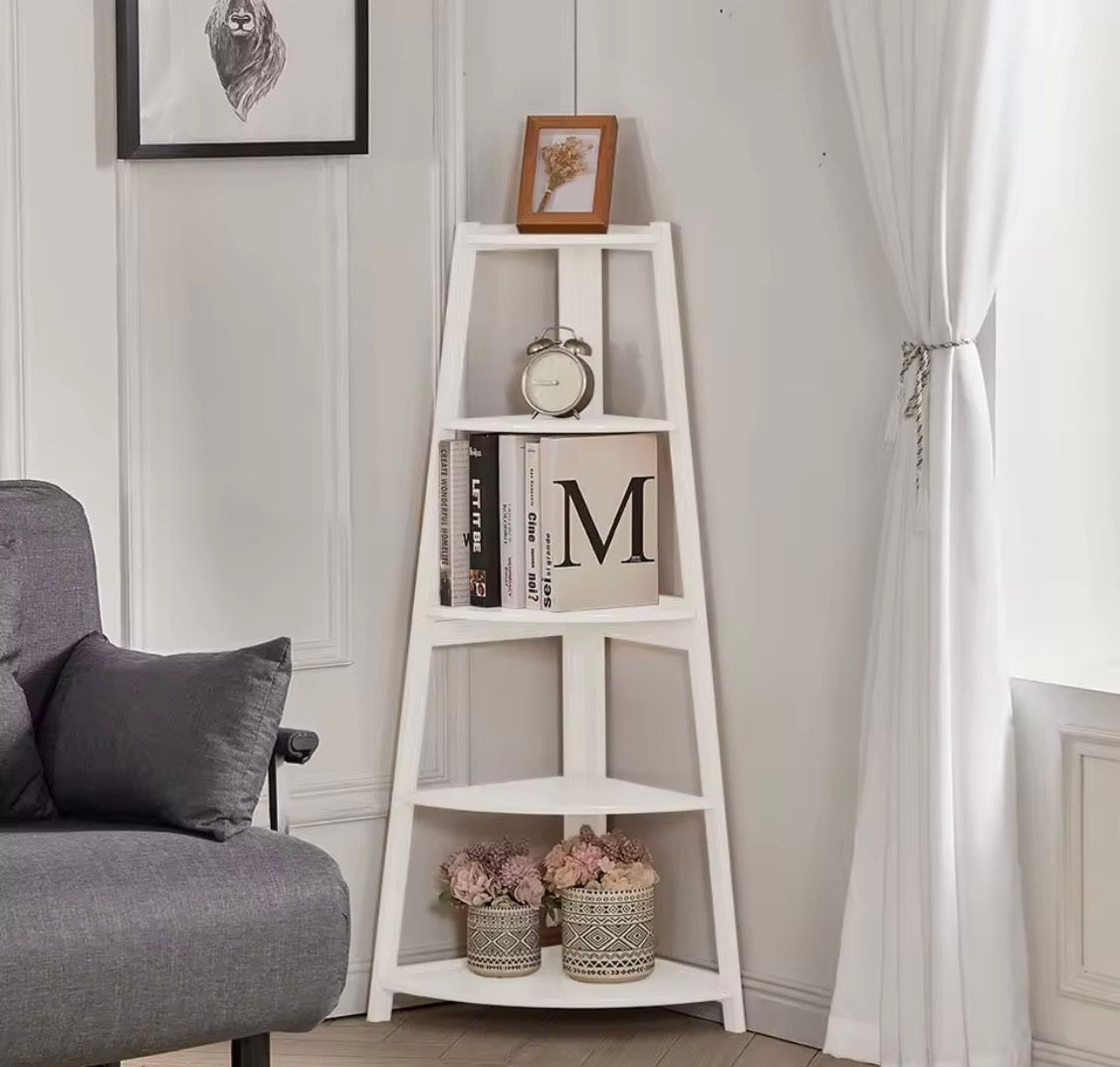 White Wooden 5-Tier Ladder Shelf – Corner Bookcase & Home Display Unit