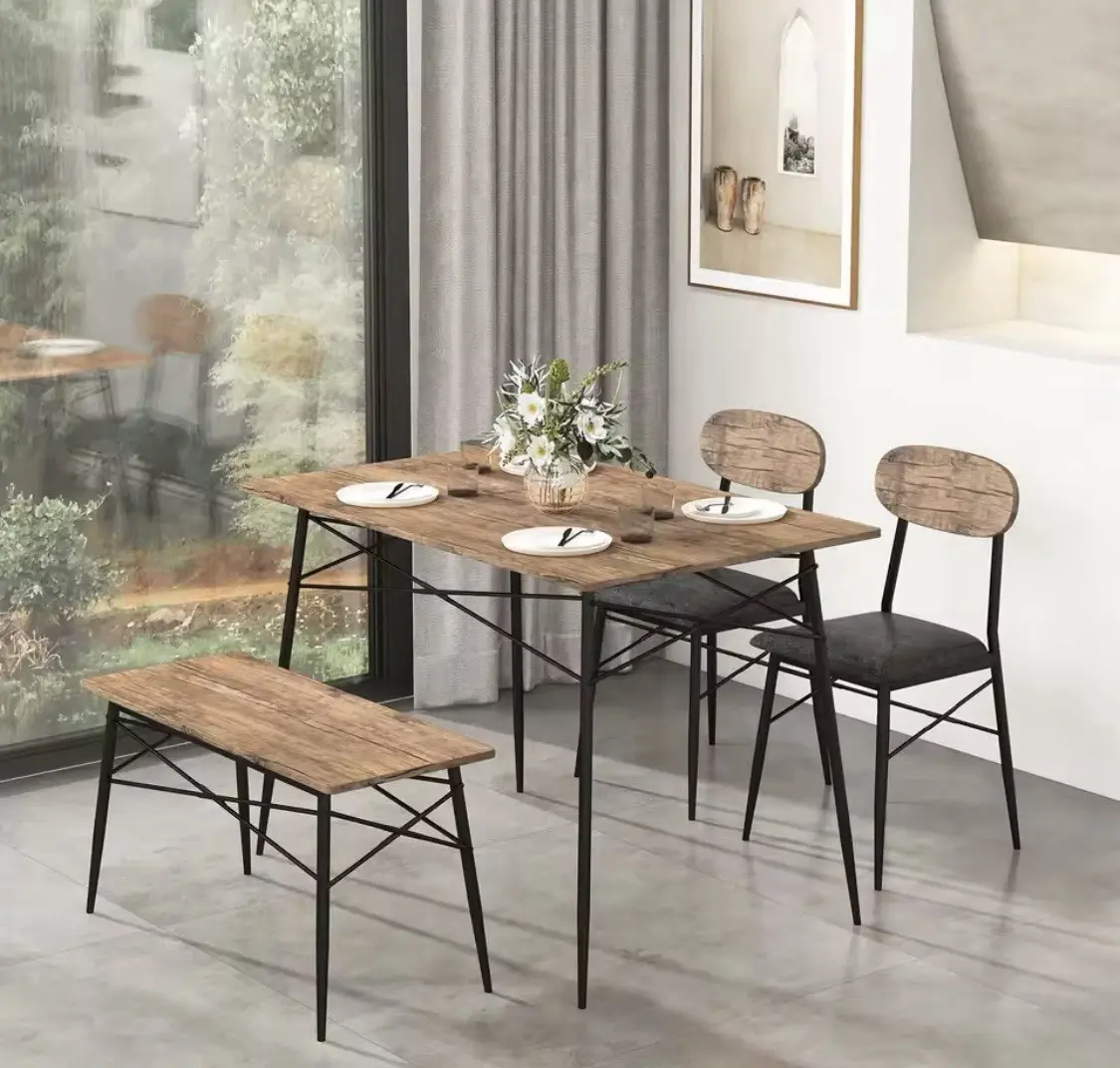 4-Piece Dining Table Set with Bench & 2 Upholstered Chairs – Rectangular Kitchen