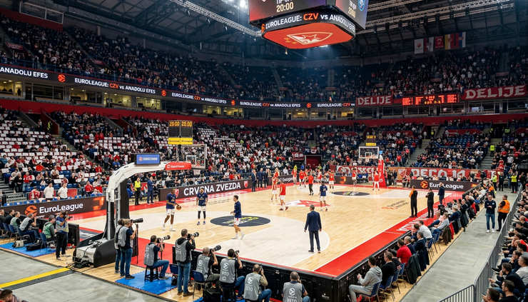 Vidvinkelbilde av en europeisk basketarena før kveldskamp