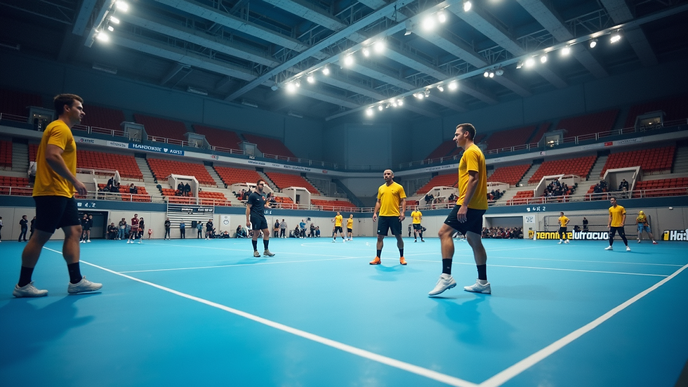 High angle view of handball players warming up in Terningen Arena