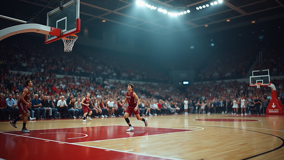Oversiktsbilde av fullsatt tribune under basketballkamp