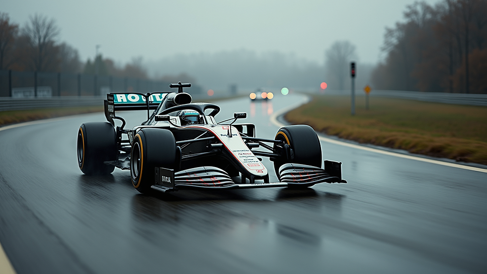 Oversiktsbilde av Formel 1-biler i aksjon på banen