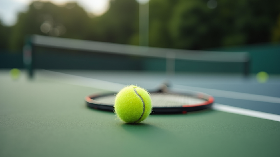 Nærbilde av tennisracket og ball på gressbane