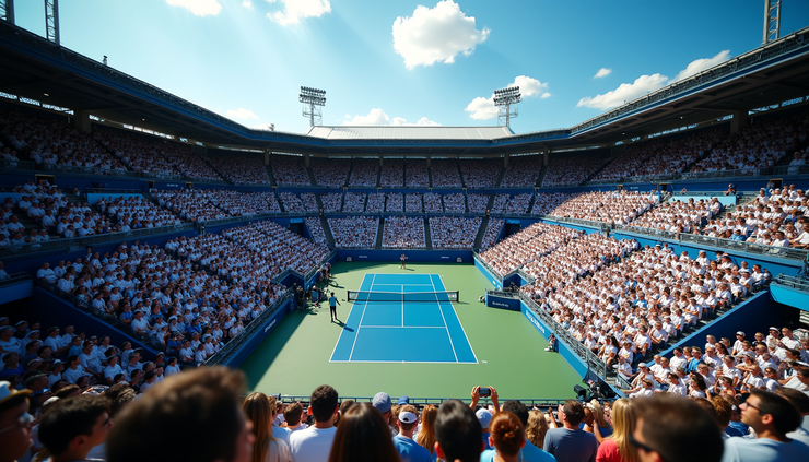 Oversiktsbilde av Flushing Meadows tennisanlegg med publikum og spillere i aksjon