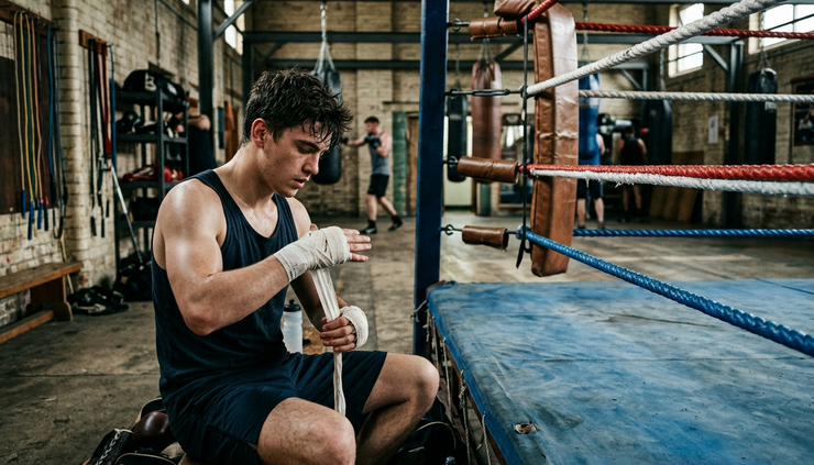 Low-angle view of an amateur boxer wrapping hands beside a gym ring.