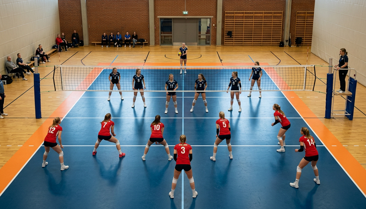 Oversiktsbilde ovenfra av en volleyballbane med resultattavle og spillere klare til serve