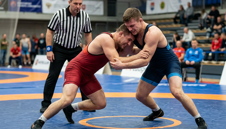 Eye-level view of a referee watching two wrestlers fight for position in the center circle