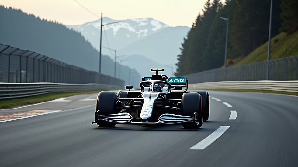 Oversiktsbilde av Formel 1-biler i høy fart på racerbane