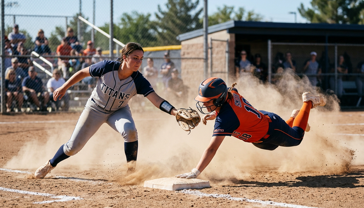 Eye-level view of a baserunner sliding safely into second base during a softball game