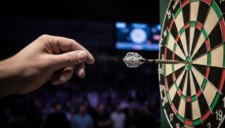 Close-up view of a player’s hand releasing a steel-tip dart toward the board