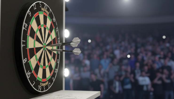 Vidvinkelbilde av en dartskive på en opplyst turneringsscene.