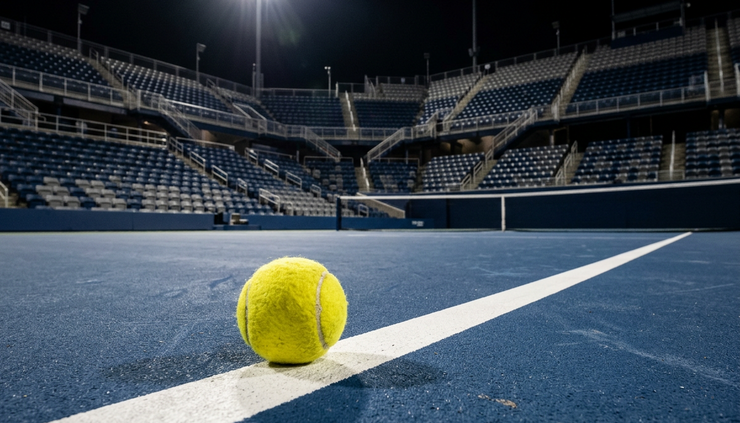 Lav kameravinkel av en tennisball på linjen under flomlys på hardcourt.