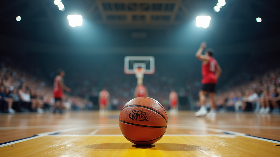 Nærbilde av basketball på banen med publikum i bakgrunnen