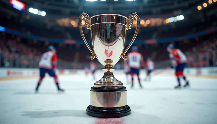 Nærbilde av Goodall Cup-trofeet på isen etter seier