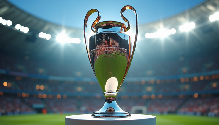 Nærbilde av UEFA Women's Champions League-trofeet på et podium