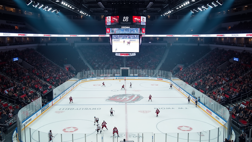 Oversiktsbilde av ishockeyarena med publikum og spillere i aksjon