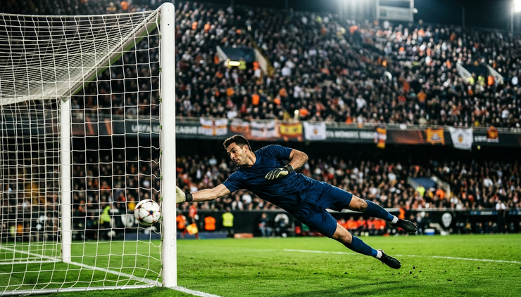 High-angle view of a goalkeeper diving toward the corner of the goal during a night match.