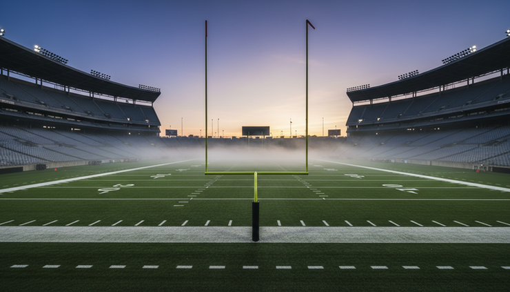 Wide-angle view of an American football stadium before sunrise with yard lines and goalposts visible.