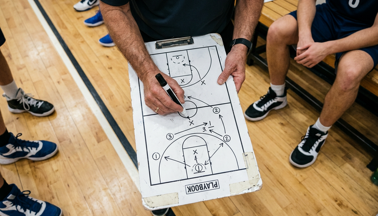 Overhead view of a coach drawing a basketball play on a clipboard near the sideline.