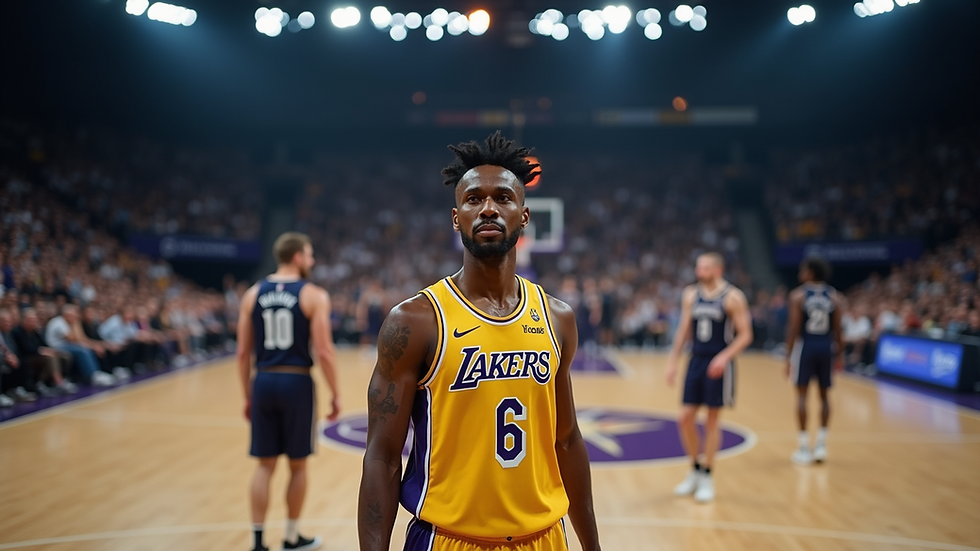 Oversiktsbilde av basketballkamp med Lakers og motstander