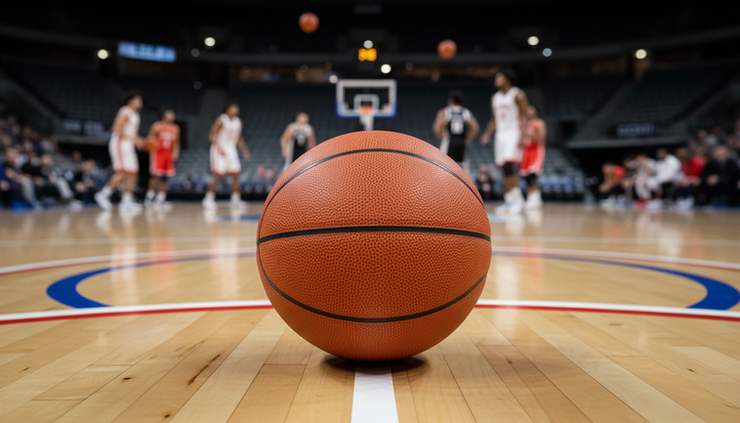 Close-up view of a basketball resting on a European hardwood court