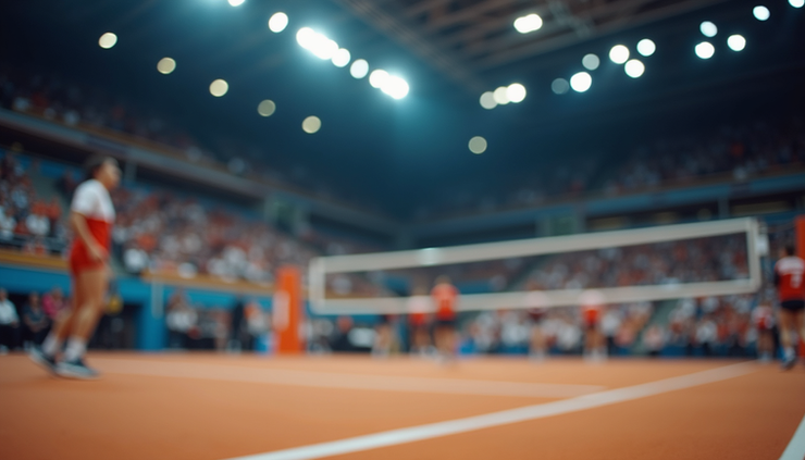Nærbilde av volleyballkamp i Kitakyushu med intens spill og publikum i bakgrunnen