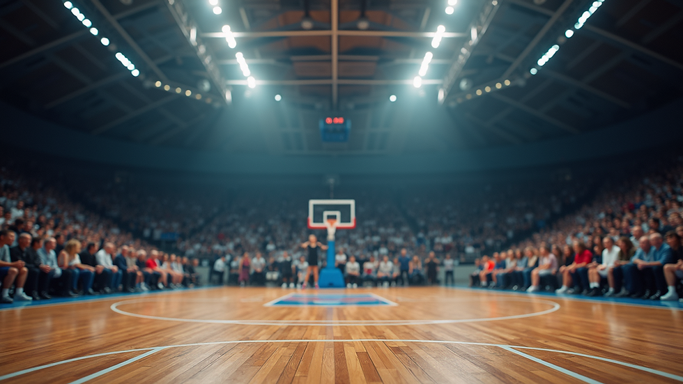 Oversiktsbilde av basketballkamp i norsk hall med publikum