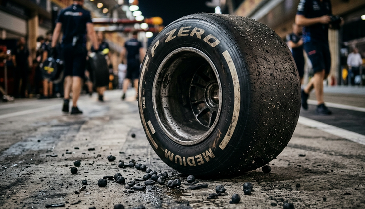 Close-up view of a racing tyre covered with rubber marbles beside a pit lane.