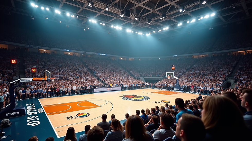 Oversiktsbilde av en fullsatt basketballarena med entusiastiske fans