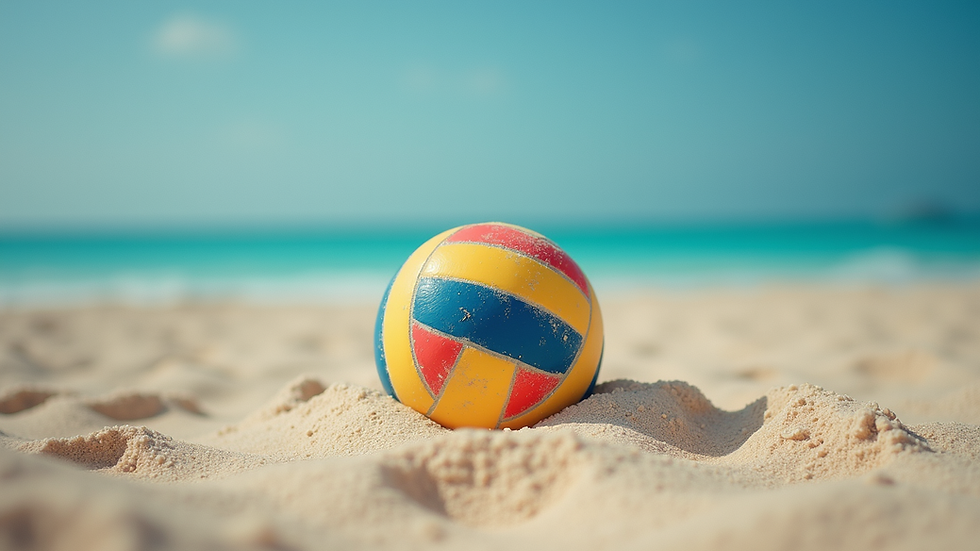 Nærbilde av volleyball som spretter på sand med blå himmel i bakgrunnen