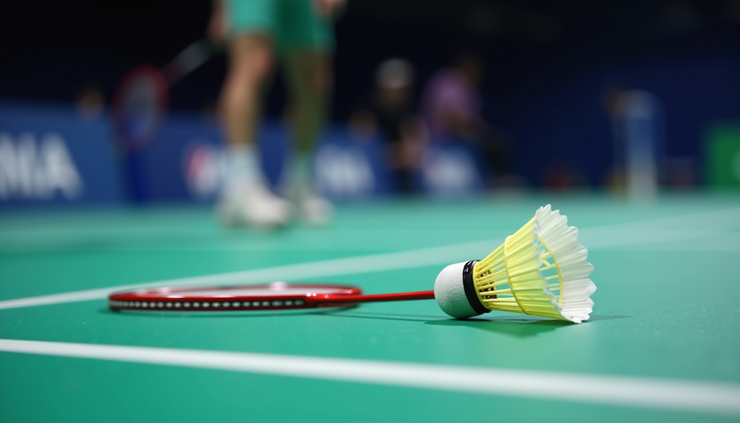 Nærbilde av badmintonracket og fjærball på banen i Korea Open 2026