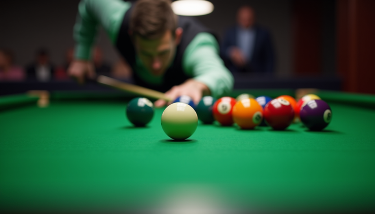 Nærbilde av biljardbord med kuler i fokus under en intens snookerduell