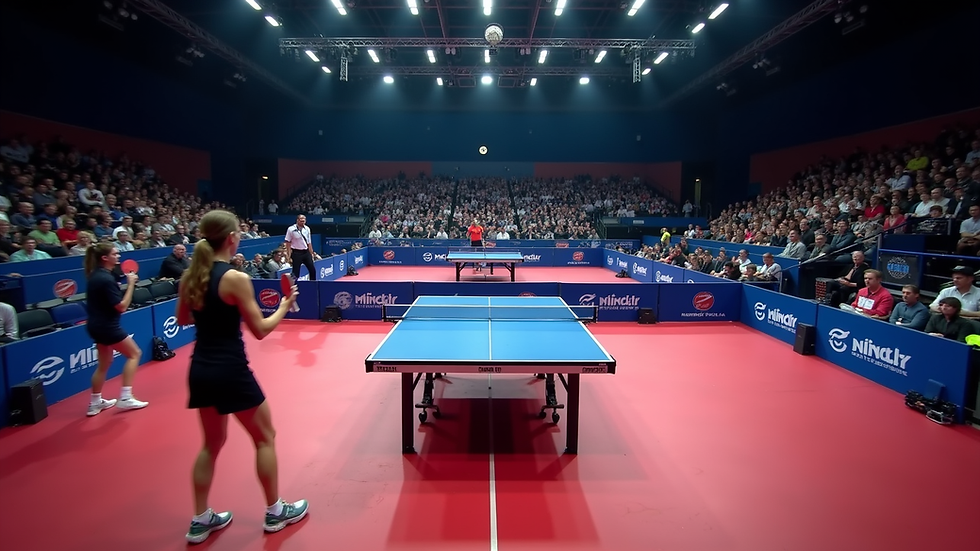 High angle view of a table tennis match in progress at Malmö Arena during WTT Europe Smash 2026