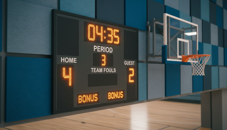 Oversiktsbilde av en resultattavle i en norsk basketballhall