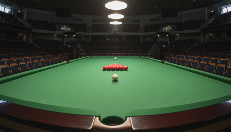 Wide-angle view of a snooker table before a morning match