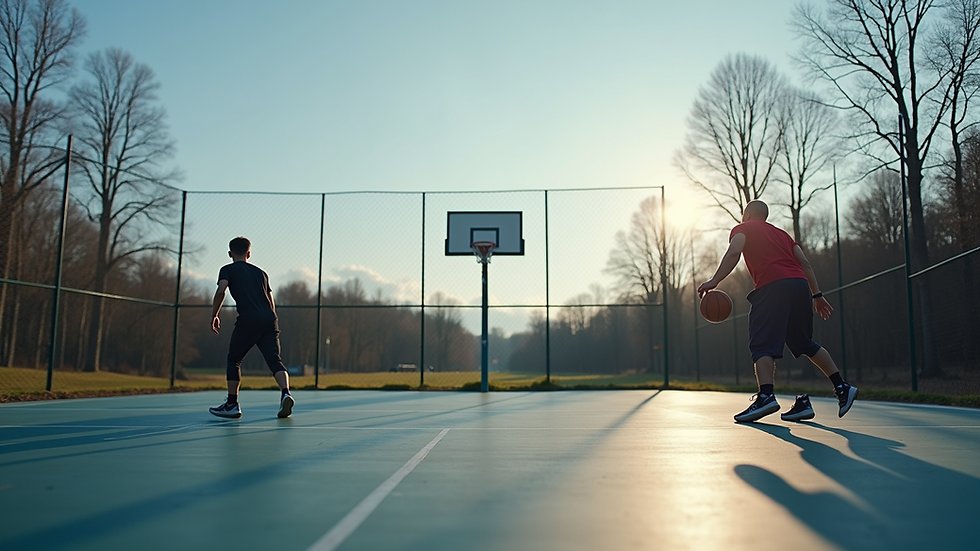 Nærbilde av basketball og treningsutstyr på utendørsbane