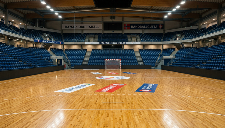 Vidvinkelbilde av en norsk håndballhall før kampstart