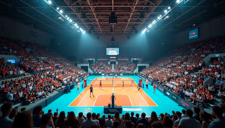 Oversiktsbilde av Moncton arena med volleyballkamp og publikum