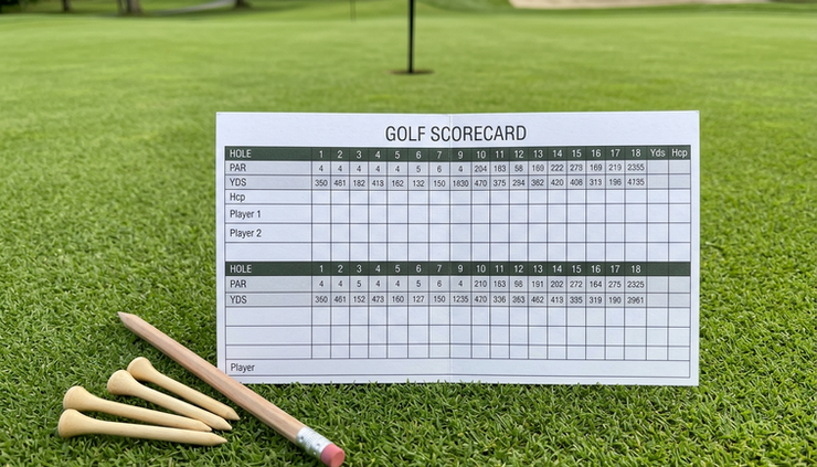 Overhead view of a golf scorecard beside tees and a pencil on grass