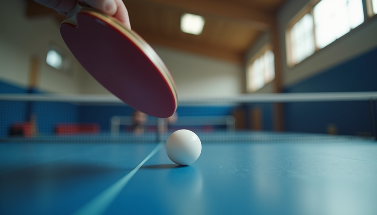 Nærbilde av bordtennisball som treffes med racket i en norsk hall