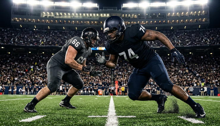 Low-angle view of a defensive lineman rushing across the line of scrimmage.