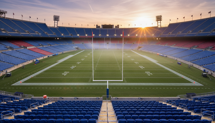 Wide-angle view of an American football stadium at sunrise before an NFL game