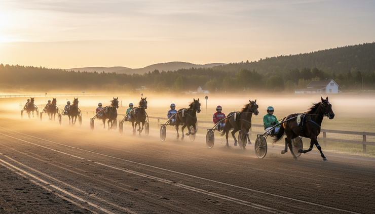 Vidvinkelbilde av travhester som varmer opp på en norsk travbane tidlig om morgenen.