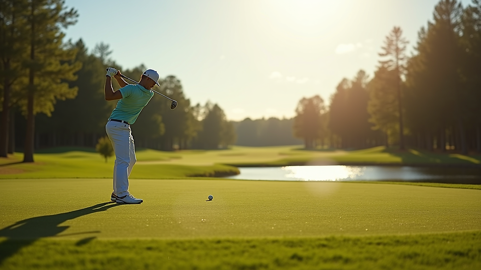 Nærbilde av golfspiller som svinger køllen på en solrik golfbane i North Carolina