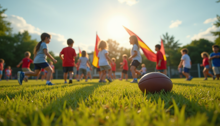 Oversiktsbilde av flaggfotballcamp med barn som trener på gressbane