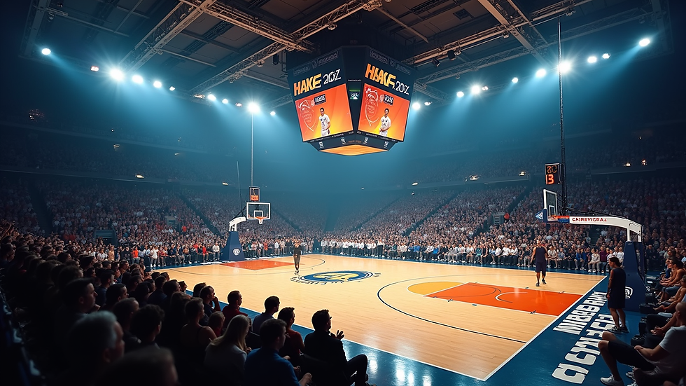 Bredt bilde av fullsatt basketballarena med fokus på publikum og stemning