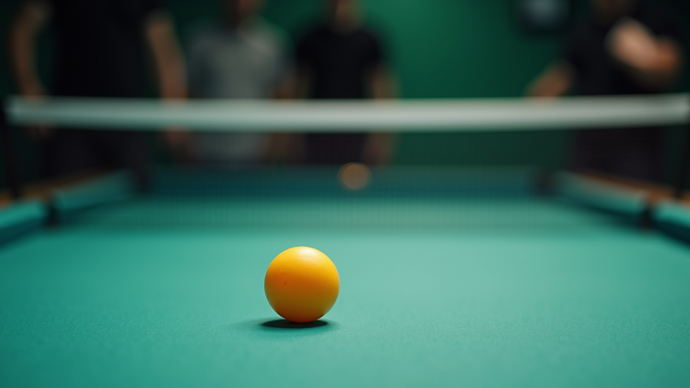Nærbilde av bordtennisracketer og ball på bordet